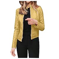 Womens Faux Leather Jacket, Casual Fashion Zip Up Long Sleeve Cropped Jackets Motorcycle Moto Biker Cardigan Outerwear