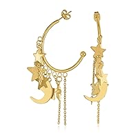 Big Large Celestial Crescent Moon Stars Dangling Charm Hoop Stud Earrings For Women Teen Rose Gold Tone Stainless Steel 2.5 Diameter