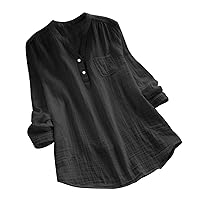 Women's Long Sleeve Henley Shirts Summer Curved Hem Casual Fitted Tunic Tops Button V Neck Solid Blouses with Pocket