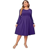 KOJOOIN Women's Plus Size Round Neck Lattern Long Sleeves with Pockets Casual Pleated Swing Midi Dress