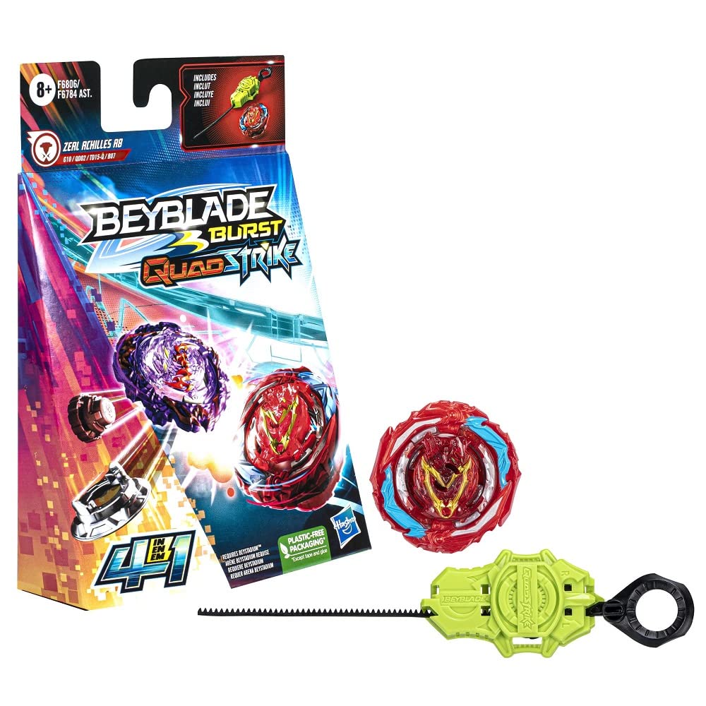 Beyblade Burst QuadStrike Zeal Achilles A8 Spinning Top Starter Pack, Balance/Defense Type Battling Game with Launcher, Kids Toy Set