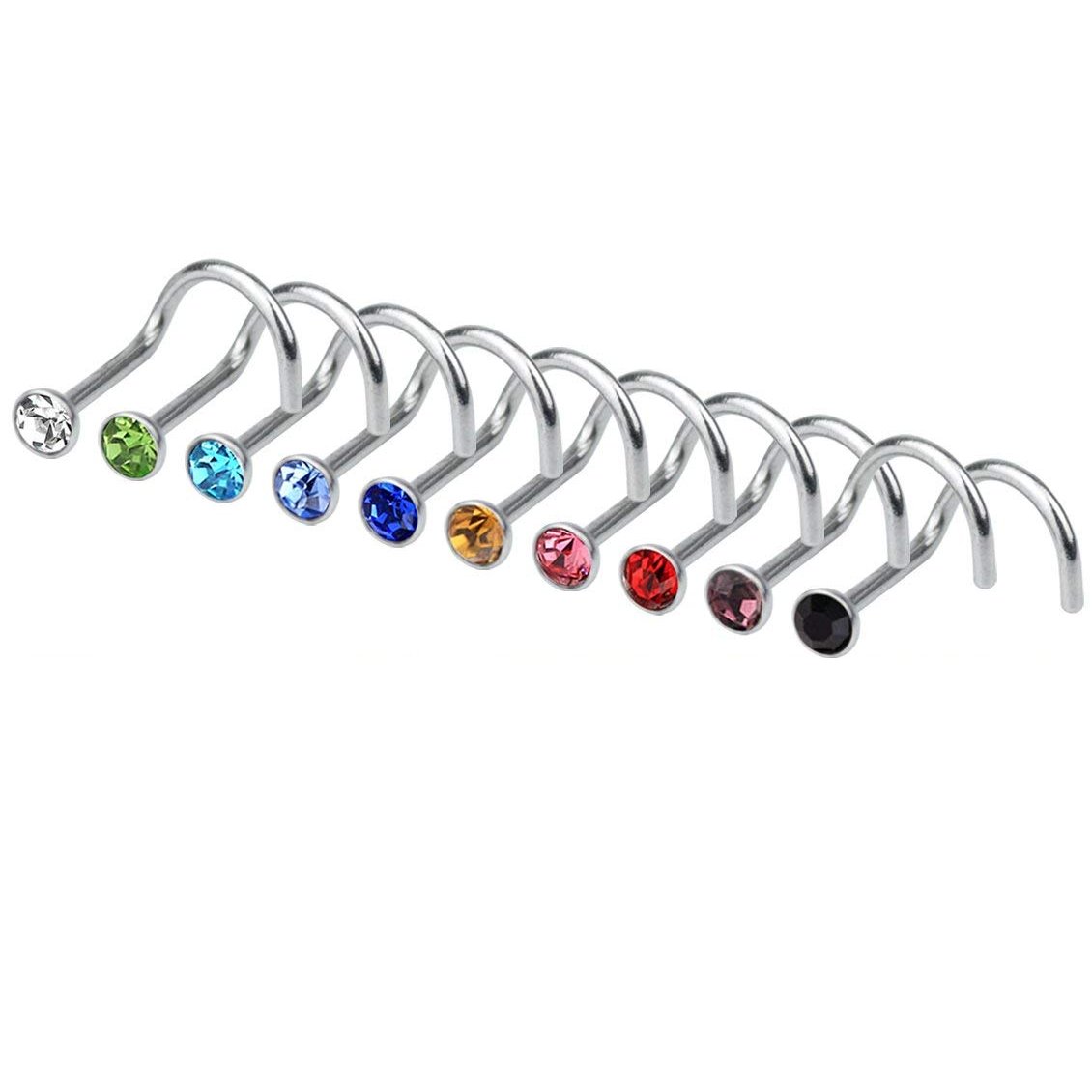 Rbenxia 20G 316L Nose Studs Rings 2.2MM Rhinestone Stainless Steel Nose Body Piercing Rings 10 Pcs Random Color for Unisex