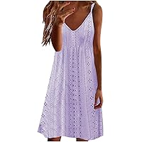 2024 Trendy Eyelet Dress for Women Summer Spaghetti Strap Mini Dresses Sexy Casual Sundresses Sleeveless Beach Dress Purple