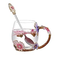 daisy Flower Glass Mugs Tea Cup with Steel Spoon,Tea Lovers Gifts for Women,Wife,Mom,Female,Friends,Birthday,Mothers Day, valentines day,Christmas