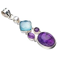 StarGems® Natural Amethyst,Chalcedony And River Pearl Handmade 925 Sterling Silver Pendant 2.25