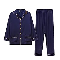 Spring/Autumn Men's Long Sleeves Silk Pajamas Sets Soft and Comfy Pajamas Large Size Pjs with Two Pockets