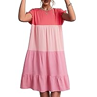 GOTOTOP Vintage Round Neck Casual Loose A Line Color Block Striped Swing Summer Dress Beach Dresses