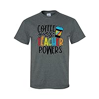 Funny Coffee Gives Me Teacher Powers Adult Unisex Short Sleeve T-Shirt, Dark Heather Grey- Small