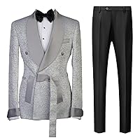 Men's Suit 2Pcs Double Breasted Buttons Tuxedos Leopard Grain Jacquard Jacket & Black Trousers