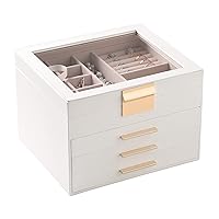 Frebeauty Clear Lid Jewelry Box,4 Layers Jewelry Organizer Large Multi-Functional Jewelry Storage Box with 3 Drawers,Jewelry Display Case of Rings Earrings Necklace Bracelets for Women (White)