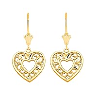 TEXTURED FILIGREE HEART LEVERBACK EARRINGS IN SOLID YELLOW GOLD - Gold Purity:: 10K