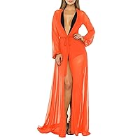 Women's Long Sleeve Flowy Maxi Swimsuit Tie Front Robe Cover Up