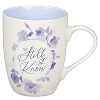 Christian Art Gifts Inspirational Ceramic Coffee & Tea Scripture Mug for Women: Be Still & Know Encouraging Bible Verse Cup, Microwave & Dishwasher Safe, Non-toxic, White, Blue & Purple Floral, 12 oz.