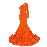 Women's One Shoulder Sequined Long Sleeve Party Cocktail Evening Prom Gown Mermaid Maxi Long Dress
