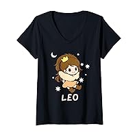 Womens Leo Lion Kawaii Zodiac Anime Girl Horoscope Astrology V-Neck T-Shirt