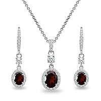 B. BRILLIANT Sterling Silver Genuine or Synthetic Gemstone Oval Halo Pendant Necklace & Dangle Earrings Jewelry Set for Women Girls with Box