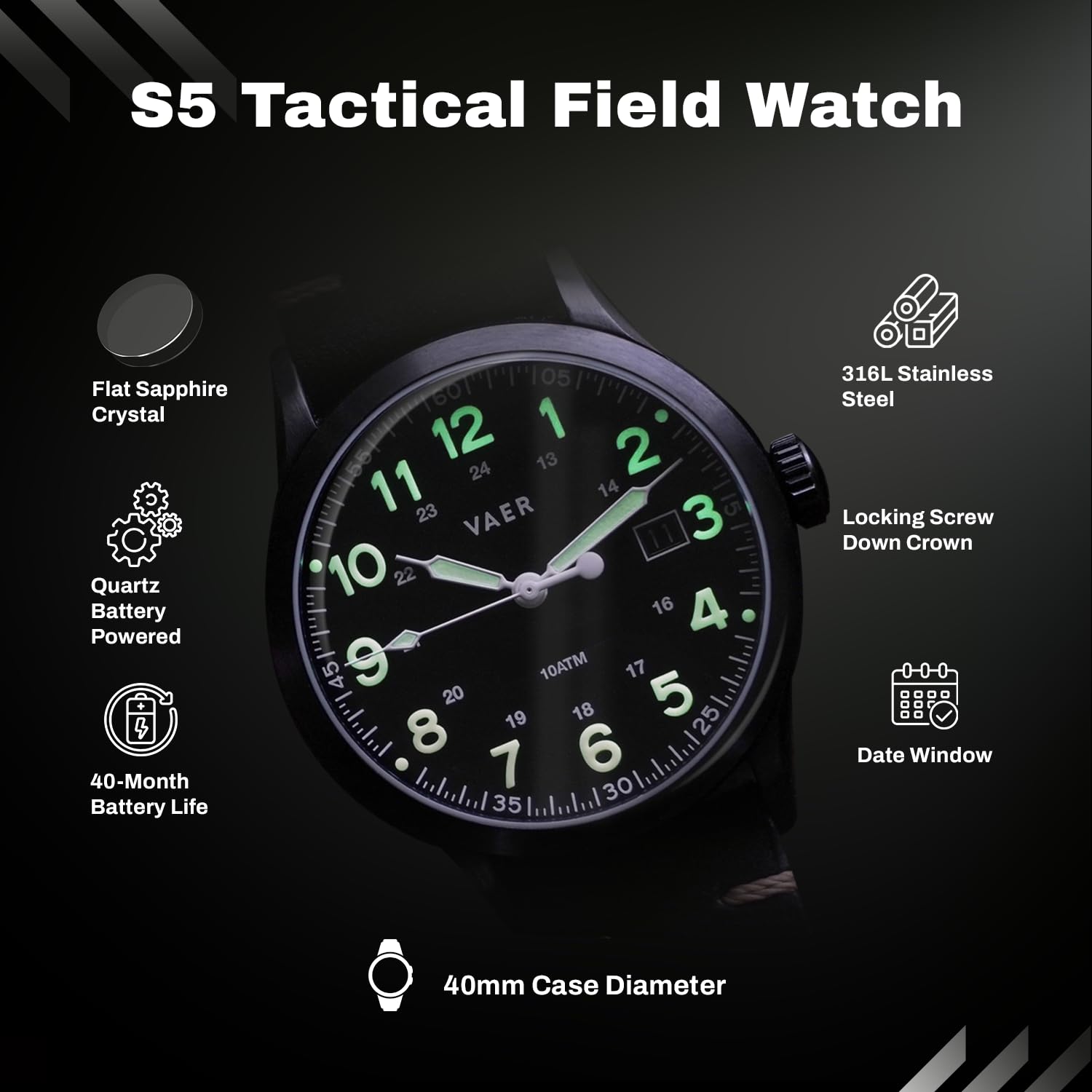 VAER S5/S3 Tactical Field Men's Watch - Military-Inspired Design, Quartz Movement, 10ATM Water-Resistant, Strong Night Glow, Interchangeable Straps, Vintage 40mm or 36mm Case, 2-Yr Waterproof Warranty