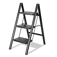3 Step Ladder, Folding Step Stool for Adults with Wide Anti-Slip Pedal, Lightweight, Perfect for Kitchen& Household, Library Office,330lbs Capacity Sturdy Steel Ladder,Black