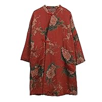 Women Cotton Jacket Kimono Style Soft Quilted Flower Printed Long Loose Outwear Coats with Pockets