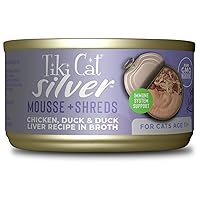 Tiki Cat Silver Comfort Mousse + Shreds, Chicken & Duck and Duck Liver, Immune System Support Formulated for Older Cats Aged 11+, Senior Wet Cat Food, 2.4 oz Cans (Pack of 12)