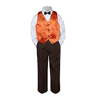 4pc Baby Toddler Kid Boys Orange Vest Brown Pants Bow Tie Suits Set (5)
