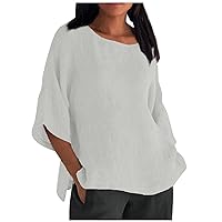 Linen Shirts for Women 3/4 Sleeve Crewneck Oversized T Shirts Loose Casual Blouses Lightweight Trendy Summer Tops 2024
