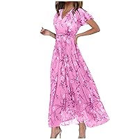 Summer Dresses for Women Chiffon Floral Beach Dress Elegant Wrap V Neck Sundress Flowy Boho Dress Casual Vacation Maxi Dress
