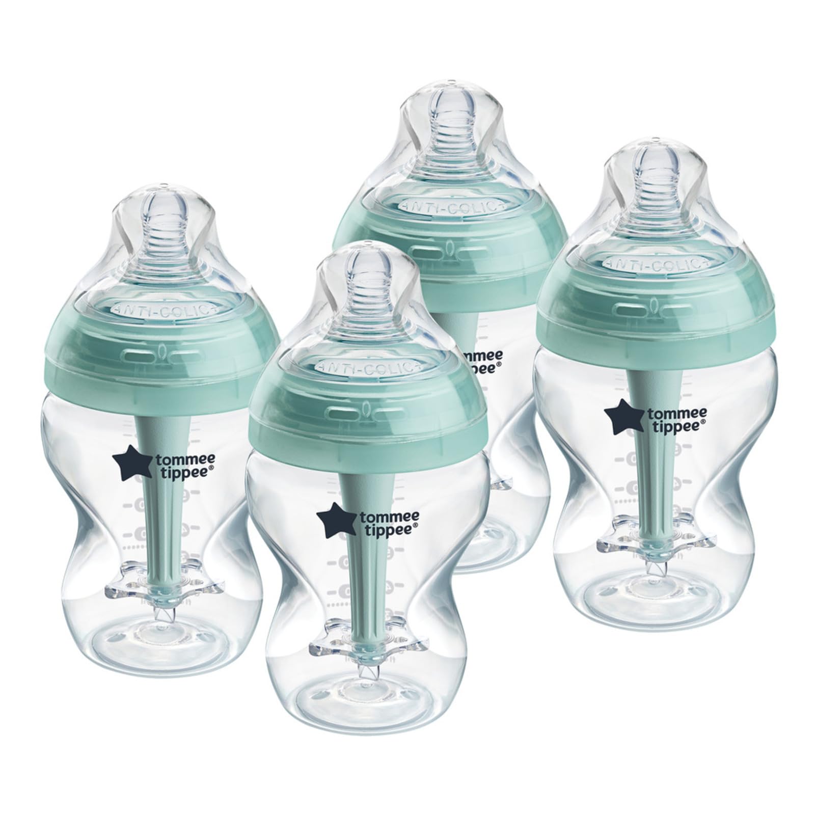 Tommee Tippee Baby Bottles, Advanced Anti-Colic Baby Bottle with Slow Flow Breast-Like Nipple, 9oz, 0m+, Baby Feeding Essentials, Pack of 4