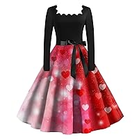 Valentine's Day Party Dresses for Women Love Heart Print Dress Round Neck Long Sleeve Tie Waist A-Line Swing Dress