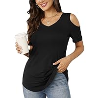 CATHY Women's V Neck Tunic Top Cold Shoulder T-Shirt Short Sleeve Casual Tee Blouse for Leggings