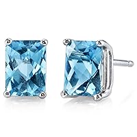 Peora Solid 14K White Gold Swiss Blue Topaz Earrings for Women, Genuine Gemstone Birthstone Solitaire Studs, 7x5mm Radiant Cut, 2.25 Carats total, Friction Back