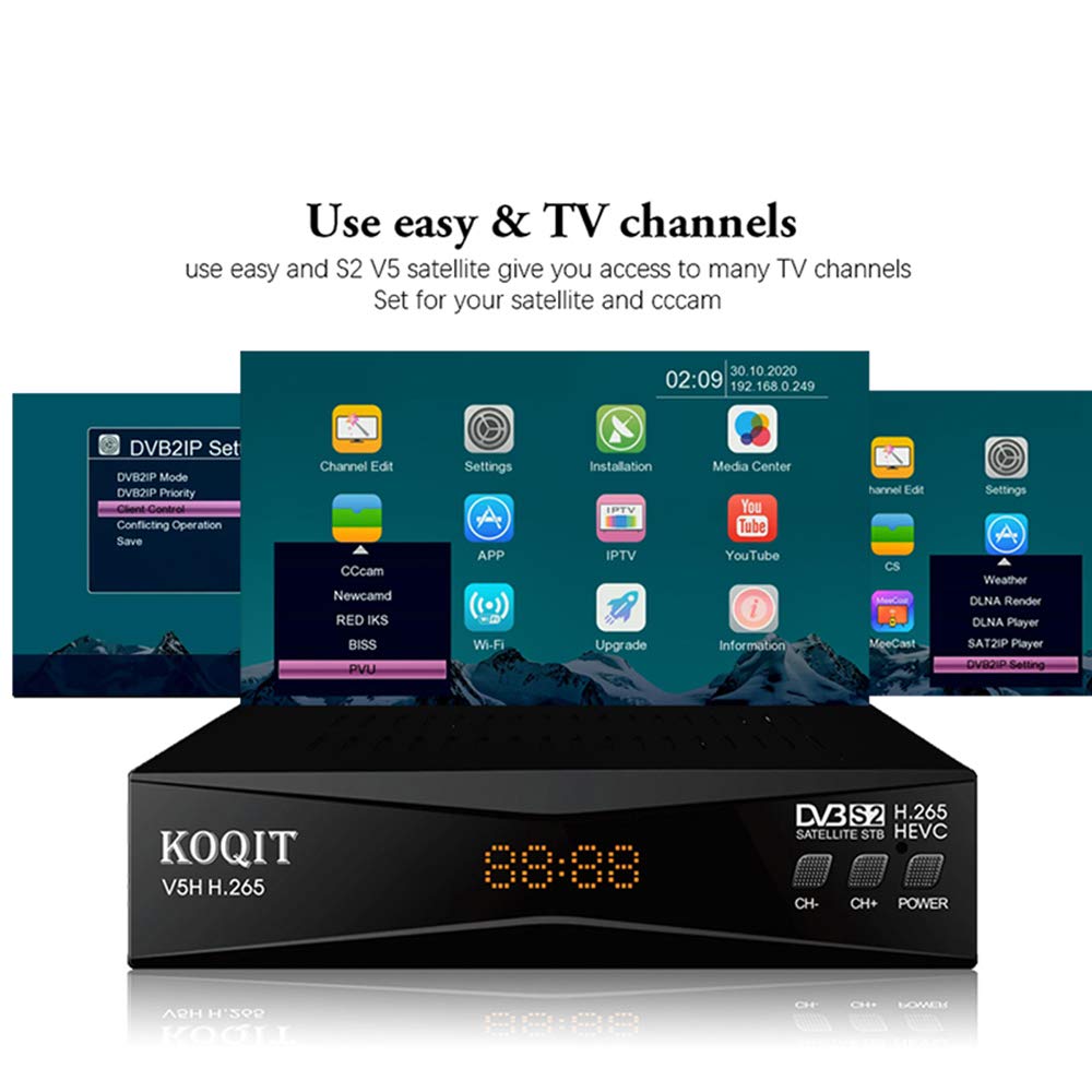 Koqit V5H H.265 Free To Air FTA Satellite Receiver DVB-S2 Satellite TV Receiver HEVC DVB S2 Galaxy 19 Receivers Sat DVB Finder Meecast Biss PVU YouTube TV Decoder DVB2IP Box