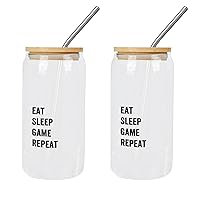 2 Pack Glass Jars with Bamboo Lids Eat Sleep Game Repeat Glass Cup Glass Tumbler Mom Birthday Gifts Cups Great For for Soda s Whiskey Iced Coffee