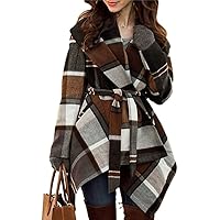 CHICWISH Women's Turn Down Shawl Collar Earth Tone Check Asymmetric Hemline Wool Blend Coat