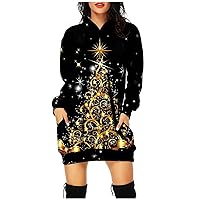 Ugly Christmas Hoodies Dresses For Women 2023 Xmas Santa Claus Print Hooded Pullover Sweatshirts With Pocket