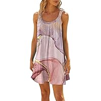 Floral Summer Dress for Women Beach Dress for Women 2024 Summer Print Fashion Sparkly Loose Fit with Sleeveless Round Neck Ruched Dresses Pink X-Large