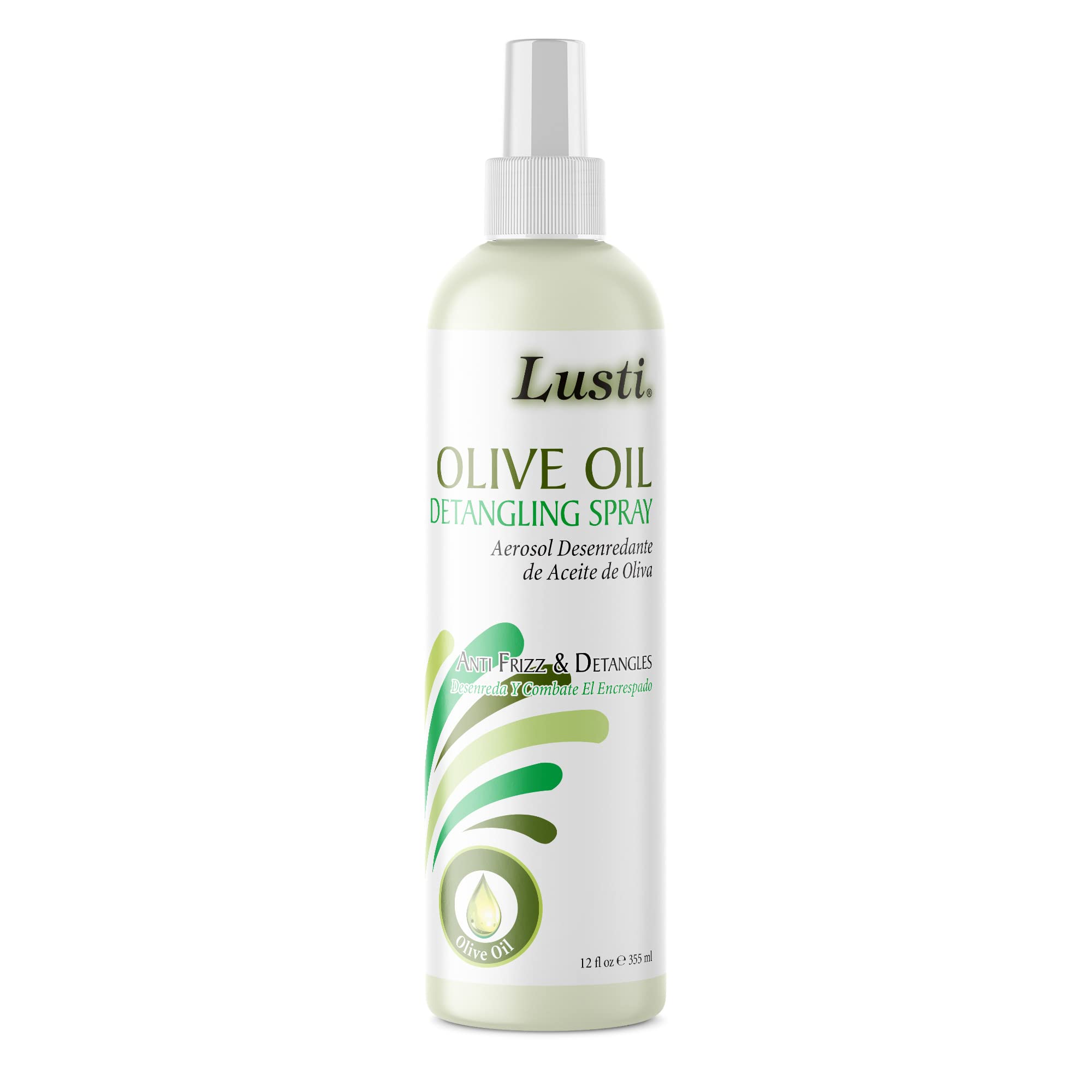 Lusti Olive Oil Detangling Spray, 12 fl oz - Anti-Frizz - Strengthen Damaged Hair - Reducing Breakage - Enriched with Amino Proteins