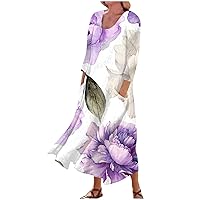 Dresses for Women 2024 Printed 3/4 Sleeve Sun Dress with Pocket Trendy Flowy Dress Lightweight Vacation Beach Dress
