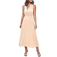 YZHM Maxi Summer Dresses for Women Sleeveless Pleated Sundress Long Wedding Guest Dress Swiss Dots A Line Beach Party Dress