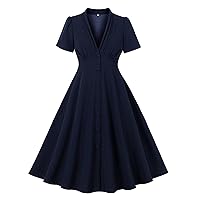 Wellwits Women's V Neck Wrap High Waist Solid Retro 40s 50s 60s Vintage Dress