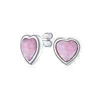 Romantic Bezel Set CZ Gemstone Heart Shaped Stud Earrings: Pink Blue Created Opal, Women Teens, Rose Gold Plated .925 Sterling Silver, 7MM 9MM