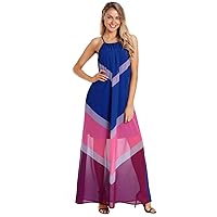 Women's Blue Chevron Color Block Halter Neck Maxi Dress