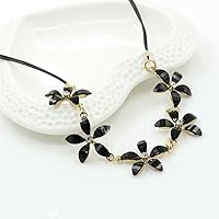 Fashion Women Bib Crystal Five Petal Flower Statement Pendant Necklace Accessories (Black)