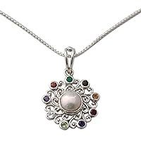 NOVICA Handmade .925 Sterling Silver Multigemstone Pendant Necklace with Cultured Freshwater Pearl Garnet Smoky Quartz Onyx Multicolor Blue Brown Green Purple India Chakra Birthstone 'Rainbow Halo'