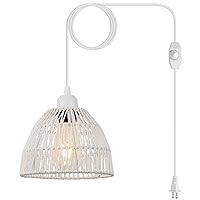 Off-White Plug in Pendant Light with Cord 14.7Ft, Dimmable Boho Rattan Hanging Lamp, Mini Woven Hemp Rope Swag Lighting Fixture for Sink Dining Room Bathroom Bedroom Corner, 7.87