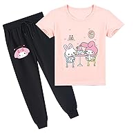Children My Melody Tracksuit,Lightweight Short Sleeve Tops and Jogger Pants 2 Piece Shirt Set for Girls