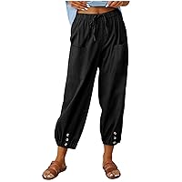 ZunFeo Summer Capris for Women High Waist Drawstring Cargo Pants Stretchy Loose Fit Wide Leg Casual Pants with Pocket
