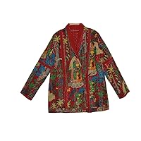 Printed V-Neck Kantha Quilted Jacket for Women, Full Sleeves Quilted Jackets, Reversible Jacket, Machine Wash, Patchwork Overcoat Winterwear Kantha Jackets, Daily & Partywear (M, Red)