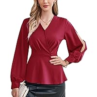 GRACE KARIN Peplum Tops for Women Wrap Long Lantern Sleeve Blouse Formal Elegant Slim Fit Ruched Work Tops