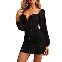Women's Sheer Long Sleeve Bodycon Mini Dress Sexy Sparkly Sequin Party Dresses